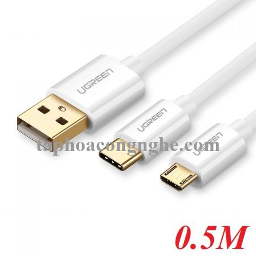 Ugreen 30575 0.5M màu Trắng Cáp USB-A sang Micro USB + USB-C cao cấp US197 30030575